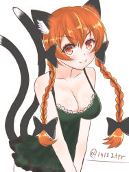Rule 34 | 1girl, animal ears, bad anatomy, black bow, bow, braid, breasts, cat ears, cat tail, cleavage, grin, hair bow, kaenbyou rin, long hair, multiple tails, nekomata, red hair, simple background, smile, solo, tail, touhou, twin braids, two tails, v-shaped eyebrows, v arms, yamamiya saki