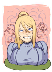 Rule 34 | 1girl, blonde hair, blue bodysuit, blue eyes, blush, bodysuit, breasts, clenched teeth, dyun, ear sex, eargasm, highres, large breasts, long hair, metroid, metroid (classic), mole, mole under mouth, nintendo, pink background, ponytail, restrained, rolling eyes, samus aran, snot, solo, sweat, teeth, tentacles, uncommon stimulation, upper body, zero suit