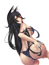 Rule 34 | 1girl, absurdres, animal ears, ass, bikini, black hair, blue bikini, breasts, butt crack, commentary request, dutch angle, feet out of frame, fox ears, from behind, highres, large breasts, original, pink lips, side-tie bikini bottom, sideboob, swimsuit, virtual youtuber, white background, yellow eyes, yuzuriha (pixiv 14248010)