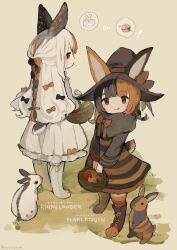 Rule 34 | 2girls, :q, absurdres, animal, animal ears, apple, basket, black bow, bow, commentary request, dress, english text, food, fruit, fur trim, ghost, grey eyes, hair bow, halloween, hat, highres, holding, holding basket, light blush, long hair, looking at viewer, mixed-language text, multicolored hair, multiple girls, orange bow, original, personification, rabbit, rabbit ears, rabbit girl, rabbit tail, sakutake (ue3sayu), short twintails, sidelocks, split-color hair, striped, striped bow, tail, toeless footwear, tongue, tongue out, twintails, two-tone hair, witch hat