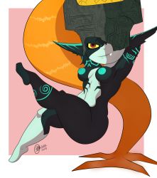 Rule 34 | 1girl, absurdres, artist name, blush, breasts, brown gloves, bunbunmuffinart, colored sclera, colored skin, fingerless gloves, gloves, helmet, highres, looking at viewer, midna, monster girl, multicolored skin, navel, neon trim, nintendo, nipples, nude, one eye covered, orange hair, pointy ears, red eyes, smile, stomach, teeth, the legend of zelda, the legend of zelda: twilight princess, thighs, third-party edit, two-tone skin, yellow sclera