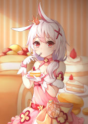 Rule 34 | 1girl, absurdres, alternate costume, animal ears, bare shoulders, birthday, birthday cake, blue eyes, breasts, cake, cleavage, crown, eating, egg, food, food focus, fork, fox ears, gloves, hair between eyes, hair ornament, hairclip, highres, holding, holding food, honkai (series), honkai impact 3rd, pink eyes, plate, side ponytail, small breasts, solo, theresa apocalypse, theresa apocalypse (sakuno rondo), white hair, xiao feng (1023032145)