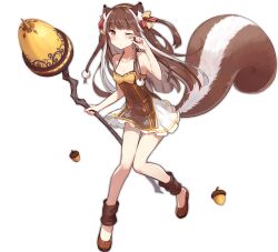 Rule 34 | 1girl, acorn, animal ear fluff, animal ears, ark order, blush, bow, breasts, brown dress, brown eyes, brown footwear, brown hair, closed mouth, dress, flats, full body, hair bow, hairband, holding, holding staff, leg warmers, long hair, looking at viewer, official art, ratatoskr (ark order), red bow, rubbing eyes, sidelocks, sleepy, sleeveless, sleeveless dress, small breasts, solo, squirrel ears, squirrel girl, squirrel tail, staff, tachi-e, tail, transparent background, two side up, white dress, yellow bow, yellow hairband, yue yue