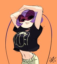 Rule 34 | 1girl, alex ahad, antennae, arms up, black torch, breasts, casual, crop top, crop top overhang, fallout (black torch), large breasts, lips, looking to the side, midriff, puckered lips, purple hair, short hair, narrow waist, solo, sunglasses