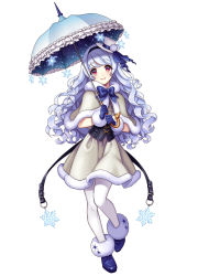 Rule 34 | 1girl, absurdres, blue footwear, blue gloves, boots, curly hair, full body, fur trim, gloves, hairband, hat, highres, long hair, looking at viewer, original, pantyhose, parasol, personification, pink eyes, snowflakes, solo, umabi, umbrella, white hair, white hat, white pantyhose, yukichan (racehorse), yukinko (yukiwork)