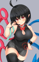 Rule 34 | 1girl, adapted costume, ahoge, asymmetrical wings, bare arms, bare shoulders, black dress, black hair, black thighhighs, blue wings, blush, bow, bowtie, breasts, cleavage, commentary request, cowboy shot, daichi (tokoya), dress, grey background, hair between eyes, hand in own hair, hand on own hip, hand up, head tilt, highres, houjuu nue, large breasts, looking at viewer, pointy ears, red bow, red bowtie, red eyes, red wings, short dress, short hair, side slit, simple background, skindentation, snake, solo, standing, thighhighs, thighs, touhou, wings, wristband, zettai ryouiki