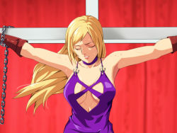 Rule 34 | 1girl, blonde hair, breasts, cleavage, closed eyes, crucifixion, dress, fatal fury, garou: mark of the wolves, highres, jenet behrn, large breasts, long hair, purple dress, snk, the king of fighters, the king of fighters xv