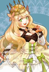 1girl bare_shoulders blonde_hair bow butterfly_hair_ornament celine_(fire_emblem) crown dress dress_bow fire_emblem fire_emblem_engage gem green_bow green_eyes hair_ornament long_hair looking_at_viewer momongame_17 nintendo open_mouth orange_bow orange_gemstone princess smile solo very_long_hair wrist_bow yellow_dress