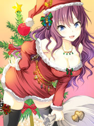 Rule 34 | 10s, 1girl, bag, bandai namco, bent over, black thighhighs, blue eyes, breasts, christmas ornaments, christmas tree, cleavage, collarbone, female focus, hat, ichinose shiki, idolmaster, idolmaster cinderella girls, jewelry, large breasts, long hair, long sleeves, maki (seventh heaven maxion), necklace, open mouth, purple hair, santa costume, santa hat, smile, solo, thighhighs, very long hair, zettai ryouiki