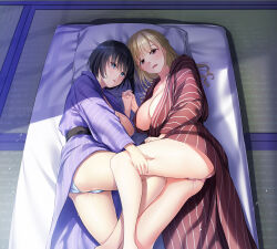 Rule 34 | 2girls, black hair, blonde hair, blue eyes, blush, breasts, embarrassed, eyebrows hidden by hair, female focus, from above, futon, highres, holding hands, indoors, japanese clothes, kimono, large breasts, leg up, legs, long hair, looking at viewer, lying, multiple girls, nakajima yuka, on side, open clothes, original, panties, pantyshot, parted lips, pillow, pink eyes, pussy juice, short hair, striped clothes, striped kimono, tatami, thighs, underwear, wet