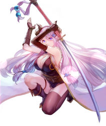 Rule 34 | 1girl, arm up, armpits, asymmetrical gloves, belt, black footwear, black gloves, black thighhighs, blue eyes, breasts, cleavage, elbow gloves, gloves, granblue fantasy, highres, holding, holding sword, holding weapon, katana, large breasts, light purple hair, long hair, low tied hair, narmaya (granblue fantasy), on one knee, open mouth, purple hair, simple background, single thighhigh, sleeveless, squatting, sword, thigh strap, thighhighs, thighs, uneven gloves, weapon, white background, ya99ru
