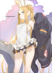 Rule 34 | 1girl, abigail williams (fate), abigail williams (swimsuit foreigner) (fate), abigail williams (swimsuit foreigner) (second ascension) (fate), azusa (hws), bare shoulders, black bow, black jacket, blonde hair, blue eyes, blush, bow, braid, braided bun, breasts, double bun, dress swimsuit, fate/grand order, fate (series), forehead, hair bun, hat, highres, jacket, long hair, looking at viewer, mitre, multiple bows, one-piece swimsuit, orange bow, parted bangs, sidelocks, small breasts, swimsuit, twintails, very long hair, white background, white headwear, white one-piece swimsuit