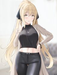 Rule 34 | 1girl, black pants, black ribbon, black shirt, blonde hair, blush, borrowed character, breasts, brown eyes, commission, hair between eyes, hair ornament, hair ribbon, hand on own hip, high ponytail, highres, jewelry, keenh, large breasts, leather, leather pants, long hair, long sleeves, looking at viewer, midriff, navel, necklace, open mouth, original, pants, ponytail, ribbon, satou mayumi (rc f), shiny clothes, shirt, smile, solo, standing