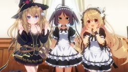 Rule 34 | 3d, 3girls, animal ears, apron, belt, black dress, black hair, black headwear, blonde hair, blue eyes, blush, book, bow, breasts, brown belt, brown hair, collarbone, curtains, custom maid 3d 2, dark-skinned female, dark skin, detached collar, detached sleeves, double v, dress, eguze (sho1013), flower, green eyes, hair bobbles, hair flower, hair ornament, hand on own hip, hat, highres, long hair, long sleeves, looking at viewer, maid, maid headdress, multiple girls, open mouth, puffy sleeves, short sleeves, sleeveless, sleeveless dress, small breasts, smile, standing, tongue, tongue out, twintails, v, wall, white apron, wide sleeves, window, witch, witch hat, wrist cuffs