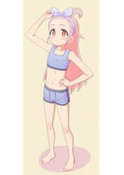 Rule 34 | 1girl, ahoge, arm up, bare arms, bare legs, bare shoulders, barefoot, blue bra, blue hairband, blue panties, boyshort panties, bra, brown eyes, collarbone, commentary, drawstring, flat chest, forehead, hairband, hand on own hip, highres, light blush, long hair, looking at viewer, navel, onii-chan wa oshimai!, oyama mahiro, panties, pink hair, rundraw, simple background, solo, sports bra, standing, stomach, underwear, underwear only, very long hair, yellow background