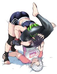 2girls ass bent_over bike_shorts black_gloves black_hair breasts fingerless_gloves gloves green_hair highres medium_breasts multiple_girls nexas original pink_shirt scissorhold shirt short_hair sports_bra submission_hold sweat white_hair white_shirt wrestling