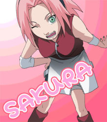 Rule 34 | 1girl, arm warmers, bandages, bare shoulders, boots, breasts, character name, female focus, green eyes, hand on own hip, haruno sakura, knee boots, light smile, looking at viewer, lowres, miniskirt, naruto, naruto (series), one eye closed, pink background, pink hair, pomeranianko, red shirt, shirt, short hair, side slit, simple background, skirt, sleeveless, sleeveless shirt, solo, standing, white skirt, wink, zipper