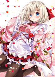 Rule 34 | 10s, 1girl, :o, apron, black pantyhose, blue eyes, blush, bow, corset, cross-laced clothes, floral print, flower, frilled sleeves, frills, full body, hair bow, hair ornament, hair over one eye, hairclip, hamakaze (kancolle), hands in opposite sleeves, japanese clothes, jumping, kantai collection, kimono, long sleeves, maid, maid apron, nogi takayoshi, pantyhose, parted lips, petals, red bow, red flower, rose petals, short hair, silver hair, simple background, sleeves past wrists, solo, wa maid, white background, wide sleeves