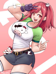 Rule 34 | 1girl, absurdres, animal print, belt, breasts, collarbone, commentary, cow print, cowboy shot, dead or alive, dead or alive 5, english commentary, gloves, hair ornament, highres, honoka (doa), index finger raised, large breasts, miniskirt, open mouth, ravenhart, red eyes, red hair, side slit, signature, single glove, skindentation, skirt, skull hair ornament, smile, solo, stuffed cow, swept bangs, thighhighs, v, zettai ryouiki