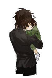 Rule 34 | 2boys, black jacket, black pants, brown hair, carrying, carrying person, child, chinese commentary, closed eyes, commentary request, father and son, harada minoru, highres, isoi haruki, jacket, kafei067, male focus, multiple boys, onesie, pants, polka dot, polka dot socks, saibou shinkyoku, short hair, simple background, sketch, socks, sprout on head, white background, white socks