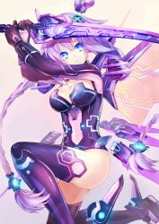 Rule 34 | 10s, 1girl, blue eyes, boots, braid, breasts, cleavage, cleavage cutout, clothing cutout, commentary, d-pad, d-pad hair ornament, gloves, hair ornament, highres, holding, holding sword, holding weapon, jpeg artifacts, long hair, neptune (neptunia), neptune (series), power symbol, power symbol-shaped pupils, purple hair, purple heart (neptunia), purple thighhighs, solo, sword, sxbzero, symbol-shaped pupils, thigh boots, thighhighs, twin braids, twintails, very long hair, weapon