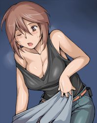 Rule 34 | 00s, 1girl, blush, breasts, brown eyes, brown hair, casual, cleavage, large breasts, off shoulder, aged up, one eye closed, rozen maiden, shirt, short hair, solo, souseiseki, tank top, taut clothes, taut shirt, tsuda nanafushi, wink