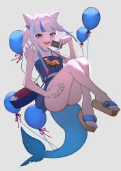 Rule 34 | 1girl, absurdres, animal ears, asymmetrical hair, bag, balloon, bare legs, between fingers, blue eyes, blue hair, blue nails, blue skirt, breasts, cat ears, chilakkk, commentary, crossed legs, cube hair ornament, english commentary, fins, fish tail, floating, frilled shirt, frills, full body, gawr gura, gawr gura (casual), grey background, hair ornament, handbag, happy birthday, highres, holding, hololive, hololive english, kemonomimi mode, large tail, looking at viewer, medium hair, miniskirt, multicolored hair, nail polish, official alternate costume, open mouth, platform footwear, sandals, shark tail, sharp teeth, shirt, shrimp, side ponytail, simple background, skirt, skirt set, sleeveless, sleeveless shirt, small breasts, smile, solo, streaked hair, tail, teeth, thighs, toenail polish, toenails, toes, two-tone hair, virtual youtuber, white hair, white shirt