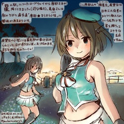 Rule 34 | 10s, 2girls, bare shoulders, black gloves, black hair, blue eyes, blue shirt, blush, breasts, brown hair, choukai (kancolle), commentary request, dated, gloves, hamster, kantai collection, kirisawa juuzou, large breasts, long hair, looking at viewer, maya (kancolle), midriff, multiple girls, navel, pleated skirt, remodel (kantai collection), shirt, short hair, skirt, sleeveless, sleeveless shirt, smile, traditional media, translation request, twitter username, white skirt
