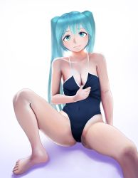 Rule 34 | 00s, 1girl, aqua eyes, aqua hair, arm support, bare shoulders, barefoot, blush, breasts, cleavage, cleavage reach, closed mouth, clothes pull, covered navel, downblouse, feet, hatsune miku, highres, koba (furikake-p), long hair, looking at viewer, matching hair/eyes, medium breasts, one-piece swimsuit, one-piece swimsuit pull, simple background, sitting, solo, swimsuit, tattoo, twintails, vocaloid, white background