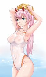 Rule 34 | 10s, 1girl, arms up, blush, breasts, collarbone, competition swimsuit, covered navel, cowboy shot, darling in the franxx, drying, drying hair, expressionless, groin, hairband, high ponytail, highres, horns, long hair, medium breasts, medium hair, nonoririn, one-piece swimsuit, ponytail, see-through, sideboob, simple background, skin tight, solo, standing, swimsuit, towel, tsurime, very long hair, wading, water, water drop, wet, wet clothes, wet swimsuit, white background, white hairband, white one-piece swimsuit, zero two (darling in the franxx)