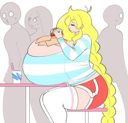 Rule 34 | 2boys, 2girls, ahoge, background characters, blonde hair, breast rest, breasts, breasts on table, burger, bursting breasts, cassie (theycallhimcake), closed eyes, eating, food, gigantic breasts, hand on own chest, long hair, long sleeves, looking at another, looking back, meme, multiple boys, multiple girls, napkin, open mouth, original, shirt, short shorts, shorts, sitting, skin tight, skindentation, striped clothes, striped shirt, sweatdrop, table, taut clothes, taut shirt, theycallhimcake, tight clothes, white legwear
