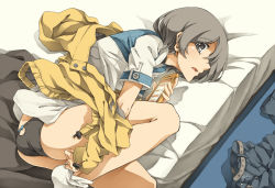 Rule 34 | 1girl, adjusting clothes, adjusting legwear, ass, ass cutout, bed, black panties, cellphone, clothing cutout, from above, grey eyes, grey hair, holding, holding phone, jacket, kasetsu 03, looking at viewer, lying, on bed, on side, open clothes, open jacket, original, panties, pants, unworn pants, parted lips, phone, shirt, short hair, short sleeves, smartphone, solo, underwear, white legwear, white shirt, yellow jacket