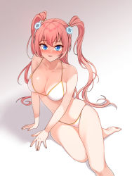 Rule 34 | 1girl, angelic buster, arm support, bare legs, barefoot, bikini, blue eyes, blush, breasts, cleavage, collarbone, dulldull, fang, from above, hair between eyes, highres, horns, large breasts, long hair, looking at viewer, lying, maplestory, no nose, open mouth, pink hair, simple background, smile, solo, swimsuit, twintails, very long hair