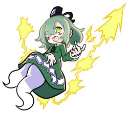 Rule 34 | 1girl, :d, black hat, breasts, cross-laced clothes, dress, electricity, frilled sleeves, frills, ghost tail, green dress, green eyes, green hair, hat, long sleeves, medium hair, ofuda, ofuda on clothes, open mouth, shinmon akika, simple background, small breasts, smile, soga no tojiko, solo, tate eboshi, touhou, white background