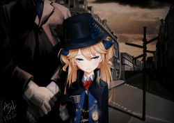 Rule 34 | 1boy, 1girl, absurdres, asil, bad id, bad pixiv id, belt, belt buckle, black gloves, black hat, blonde hair, blue bow, blue eyes, blue neckwear, blush, bow, bowtie, buckle, building, buttons, chain, cityscape, closed mouth, cloud, cloudy sky, collared shirt, cross, crucifix, cup, dated, formal, girls&#039; frontline, gloves, hair between eyes, hair bow, hair ribbon, hat, hat bow, head tilt, high collar, highres, holding, holding cup, intersection, jacket, long hair, long sleeves, looking away, necktie, open clothes, own hands together, pocket watch, red bow, ribbon, road, road sign, scenery, shirt, shorts, sidelocks, sign, signature, sky, sleeve cuffs, street, suit, suit jacket, super-shorty (girls&#039; frontline), teacup, top hat, tsurime, two side up, watch, white gloves, white shirt