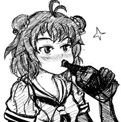 Rule 34 | 10s, 1girl, ahoge, alcohol, antenna hair, black gloves, blush, bottle, double bun, drinking, elbow gloves, gloves, greyscale, hatching (texture), highres, holding, holding bottle, kant-o-celle quest, kantai collection, linear hatching, monochrome, naka (kancolle), pixelfag, school uniform, serafuku, simple background, sketch, solo, upper body, white background