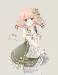 Rule 34 | 1girl, :q, blush, bow, brown bow, character name, closed mouth, clothes lift, commentary, dress, dress lift, flower, frilled dress, frills, gothic wa mahou otome, green bow, green dress, green eyes, grey background, hair between eyes, hair flower, hair ornament, hand up, juliet sleeves, lifted by self, lolita fashion, long sleeves, low twintails, pantyhose, pink hair, puffy sleeves, rento (rukeai), rose, short twintails, simple background, smile, solo, souffle (gothic wa mahou otome), tongue, tongue out, twintails, white pantyhose, wide sleeves, yellow flower, yellow rose