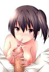 Rule 34 | 1girl, azutan, breasts, censored, clothed male nude female, cum, eye contact, kaga (kancolle), kantai collection, looking at another, looking at viewer, low ponytail, nude, penis, penis grab, ponytail, pov, short hair, side ponytail, simple background, urethral insertion, veins, veiny penis, white background