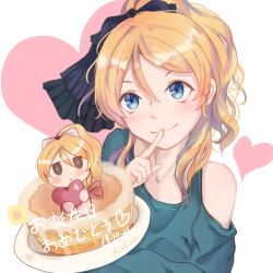 Rule 34 | 1girl, absurdres, aqua shirt, artist request, ayase eli, bare shoulders, blonde hair, blue eyes, blush, cake, female focus, food, heart, highres, long hair, looking at viewer, love live!, love live! school idol project, plate, ponytail, rakue, shirt, short hair, smile, solo, sweater