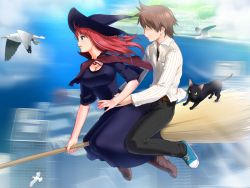 Rule 34 | 1boy, 1girl, amanogawa subaru, bird, blue eyes, braid, breasts, broom, cat, cleavage, game cg, hat, large breasts, majodou, red hair, sano toshihide, seagull, witch hat