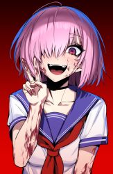 Rule 34 | 1girl, :d, alternate costume, blood, blood on face, blood on hands, breasts, commentary, commentary request, fate/grand order, fate (series), hair over one eye, highres, j.k., looking at viewer, mash kyrielight, medium breasts, open mouth, out of character, purple eyes, purple hair, school uniform, serafuku, smile, solo, teeth, tongue, v, yandere