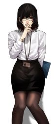 Rule 34 | 1girl, bracelet, breasts, feet out of frame, glasses, highres, holding, hoshi san 3, id card, jewelry, long sleeves, looking at viewer, office lady, open mouth, original, pantyhose, shirt, short hair, simple background, skirt, solo, white background, white shirt