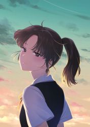 Rule 34 | 1girl, aged down, black eyes, black hair, closed mouth, cloud, cloudy sky, commentary request, kurose yuko, light smile, long hair, looking at viewer, looking back, minenami ryou, parted bangs, ponytail, school uniform, sky, solo, spoilers, twilight, upper body