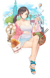 Rule 34 | 1girl, 7-eleven, absurdres, aircraft, bag, black hair, blue shorts, brown eyes, bubble tea, character request, copyright request, dumpling, feet, food, fried chicken, highres, hot air balloon, jacket, legs, long hair, looking at viewer, motor vehicle, nail polish, noodles, outdoors, pink jacket, ponytail, sandals, scooter, shirt, shorts, sleeveless, sleeveless shirt, solo, taiwan, toes, white shirt, yang0926
