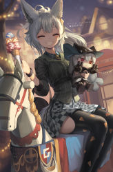 Rule 34 | 1girl, ^ ^, animal ears, arknights, asicah, belt, black pantyhose, blush, breasts, carousel, character doll, character name, checkered clothes, checkered skirt, closed eyes, collared shirt, dated, food, grani (arknights), grani (miraculous moment) (arknights), grey hair, grin, hair between eyes, highres, hip vent, holding, holding food, horse ears, ice cream cone, jacket, long hair, medium breasts, official alternate costume, pantyhose, ponytail, shirt, sidelocks, sitting, skadi (arknights), skirt, smile, solo, striped clothes, striped jacket, striped neckwear, tail, watch, wristwatch