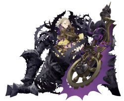 Rule 34 | 1girl, blonde hair, braid, briar rose (sinoalice), dress, frills, full body, giant hand, half-closed eyes, holding, jino, looking at viewer, official art, one eye closed, sinoalice, sleepy, solo, thorns, white background, yellow eyes