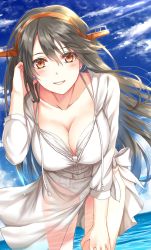 Rule 34 | 10s, 1girl, adjusting hair, bad id, bad pixiv id, bikini, black hair, blush, breasts, brown eyes, cleavage, cloud, cloudy sky, day, dutch angle, hairband, haruna (kancolle), highres, huge breasts, kantai collection, leaning forward, long hair, looking at viewer, morizono shiki, ocean, parted lips, sarong, sky, smile, solo, standing, swimsuit
