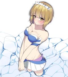 Rule 34 | 1girl, absurdres, armband, bare shoulders, bikini, bikini skirt, blonde hair, blue bikini, blunt bangs, blush, bob cut, breasts, cleavage, closed mouth, commentary, cowboy shot, cutlass (girls und panzer), girls und panzer, groin, highres, kshimu, light frown, looking at viewer, maid headdress, medium breasts, mismatched bikini, navel, one-hour drawing challenge, own hands together, pleated skirt, short hair, skirt, solo, standing, strapless, strapless bikini, sweat, swimsuit, v arms, wading, water, wet, white background, yellow eyes