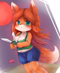 Rule 34 | 1girl, animal ears, blue shorts, blush, breasts, brown hair, cleavage, commentary request, crop top, fake animal ears, fang, fox ears, fox girl, fox tail, furry, furry female, green eyes, green tank top, hairband, highres, long hair, midriff, moon, rabbit ears, red moon, shorts, solo, sunapua, tail, tank top, terraria, zoologist (terraria)
