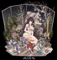 Rule 34 | 1girl, absurdres, black hair, blunt bangs, blush, body writing, boots, bow, box, breasts, christmas, christmas ornaments, cleavage, convenient censoring, copyright request, d. (ddot2018), dress, fake antlers, full body, gift, gift box, hair bow, hand on own thigh, handheld game console, high heel boots, high heels, highres, knee boots, large breasts, long hair, looking at viewer, merry christmas, red bow, red eyes, red footwear, solo, very long hair, white dress